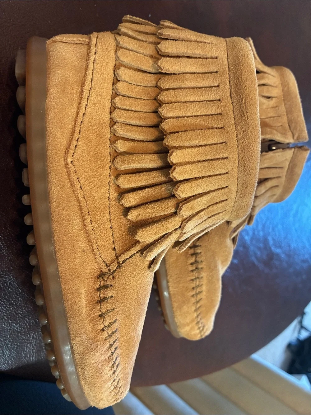 Minnetonka Kids Suede Moccasin Boots in Tan with Fringe
